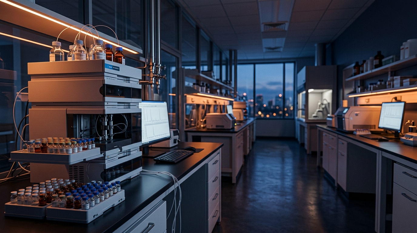 Laboratório analítico moderno com sistema de cromatografia líquida (HPLC)