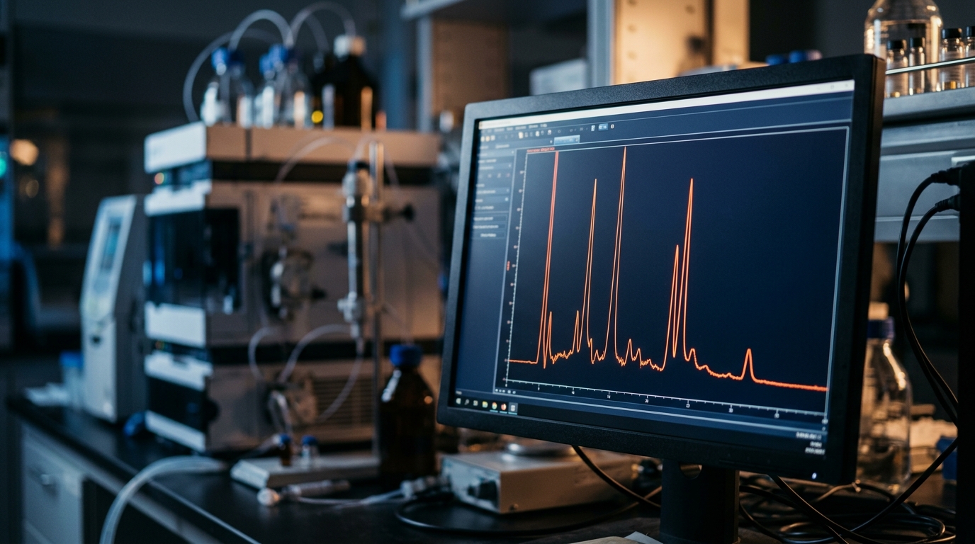 Monitor exibindo cromatograma em laboratório — consultoria técnica